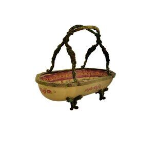 Basket Ceramic with Metal Handle Vintage Asian Style Floral Design Oriental Gift